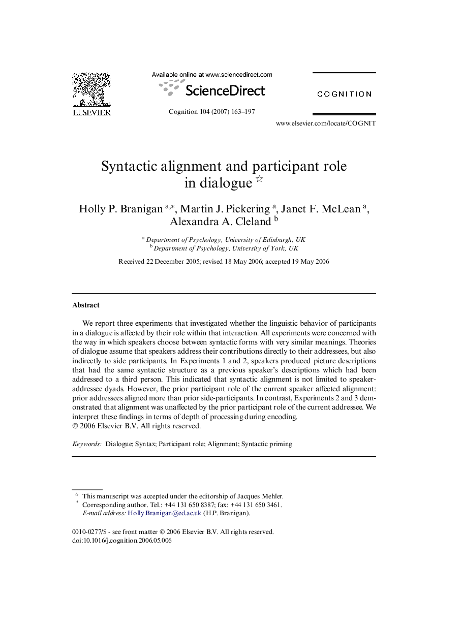 Syntactic alignment and participant role in dialogue 