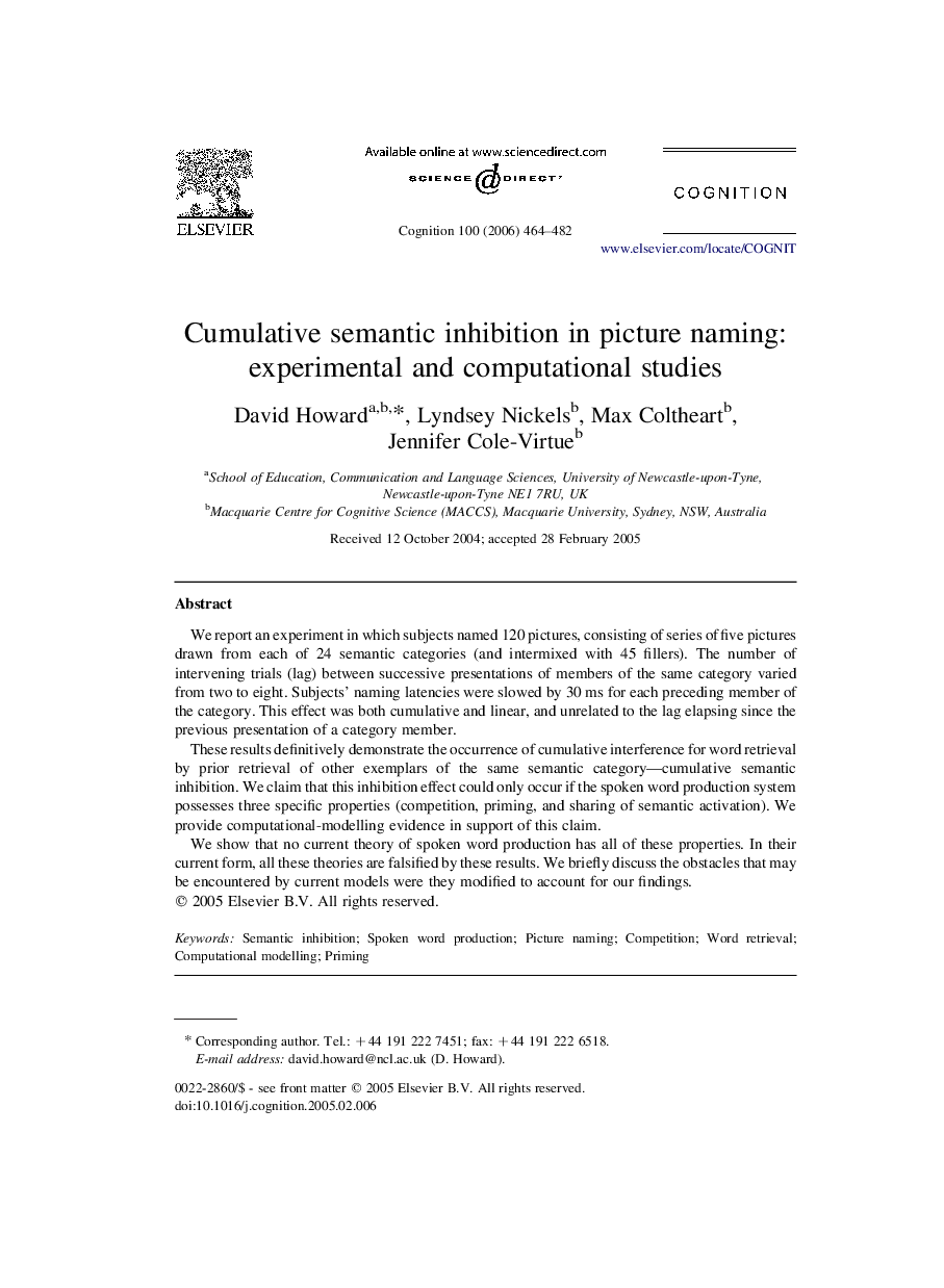 Cumulative semantic inhibition in picture naming: experimental and computational studies