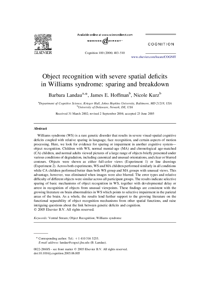 Object recognition with severe spatial deficits in Williams syndrome: sparing and breakdown