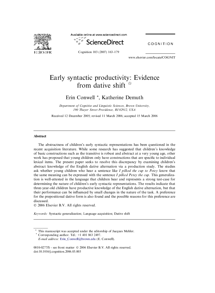 Early syntactic productivity: Evidence from dative shift 