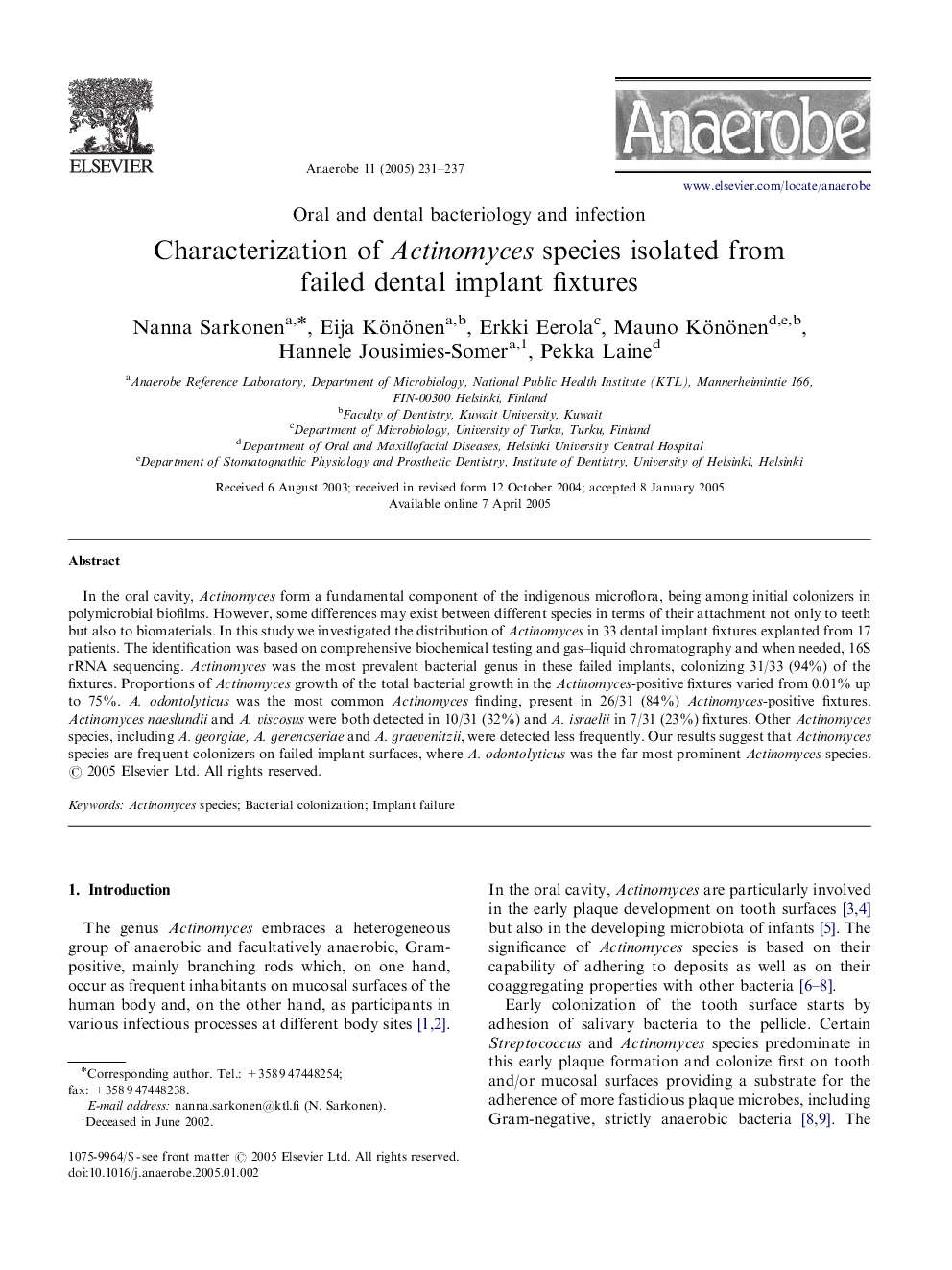 Characterization of Actinomyces species isolated from failed dental implant fixtures