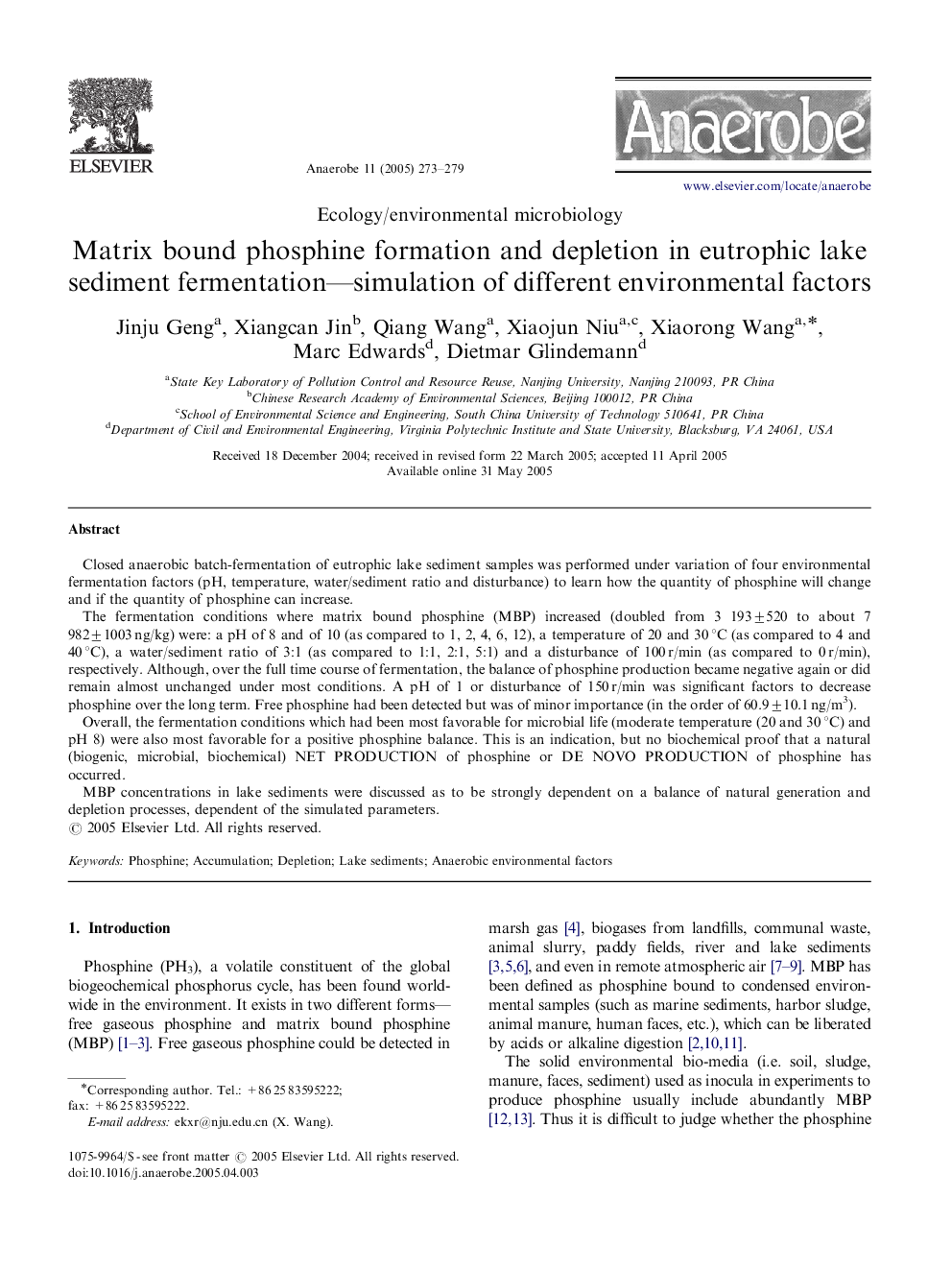 Matrix bound phosphine formation and depletion in eutrophic lake sediment fermentation-simulation of different environmental factors