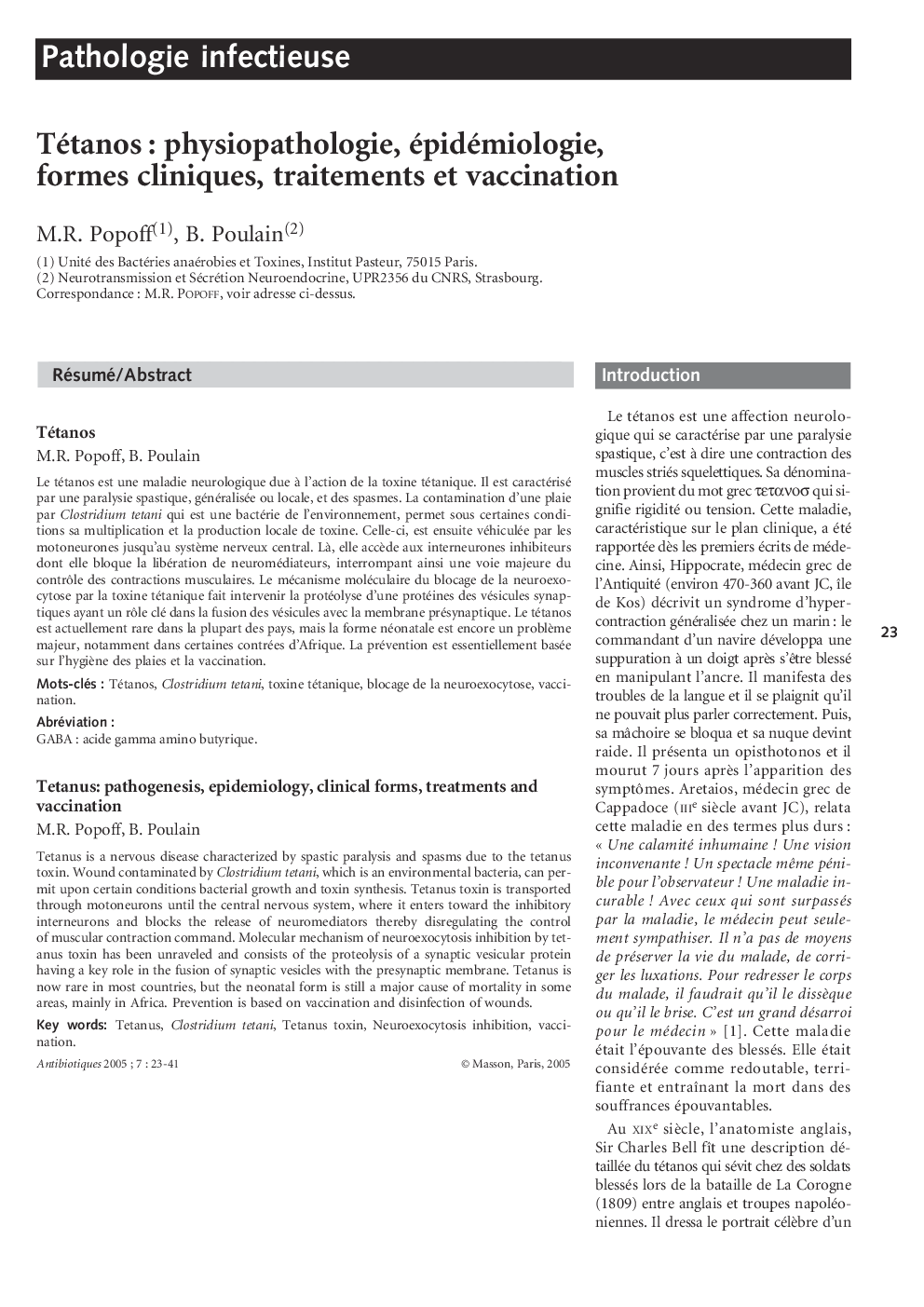 Tétanos : physiopathologie, épidémiologie, formes cliniques, traitements et vaccination