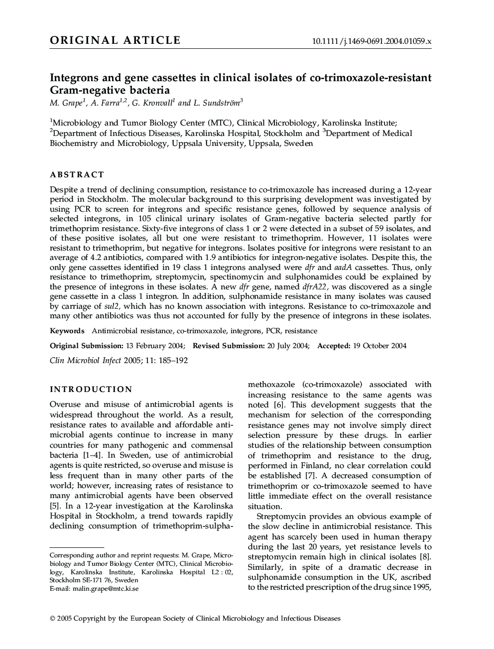 Integrons and gene cassettes in clinical isolates of co-trimoxazole-resistant Gram-negative bacteria