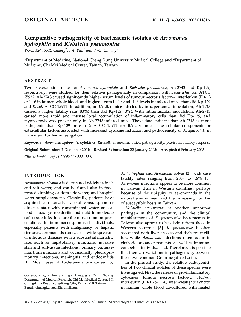 Comparative pathogenicity of bacteraemic isolates of Aeromonas hydrophila and Klebsiella pneumoniae