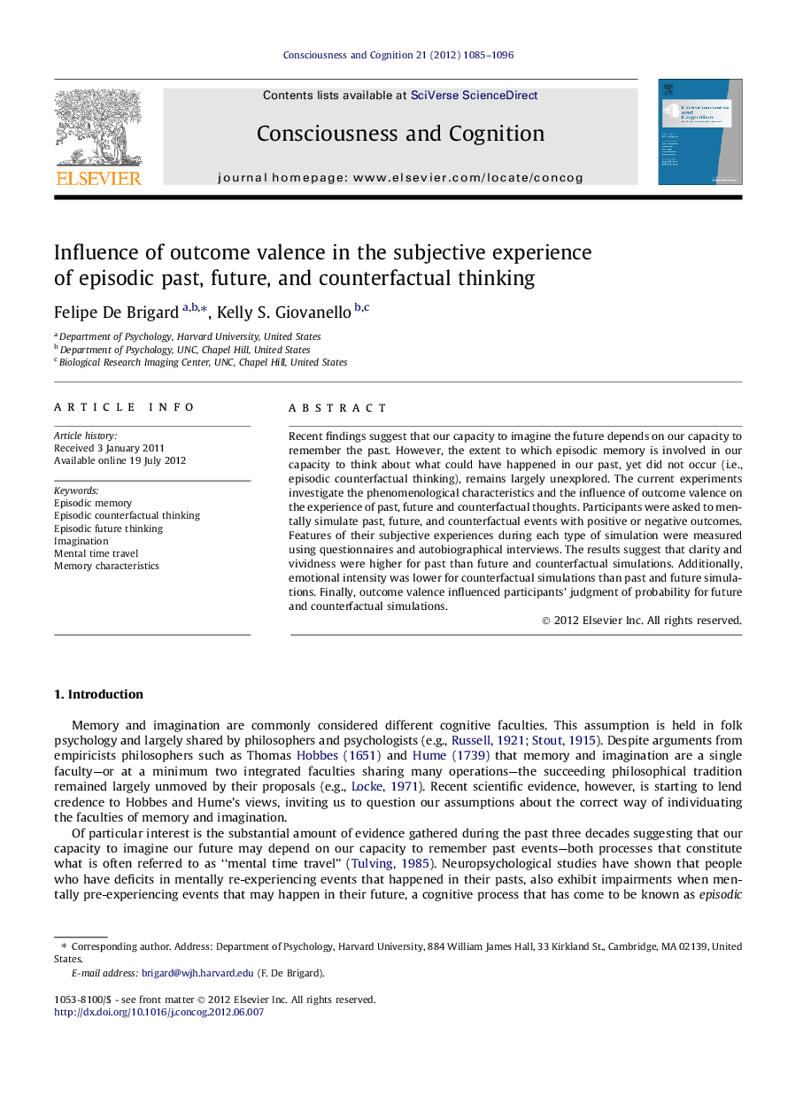 Influence of outcome valence in the subjective experience of episodic past, future, and counterfactual thinking