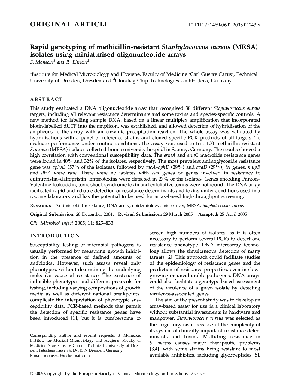 Rapid genotyping of methicillin-resistant Staphylococcus aureus (MRSA) isolates using miniaturised oligonucleotide arrays