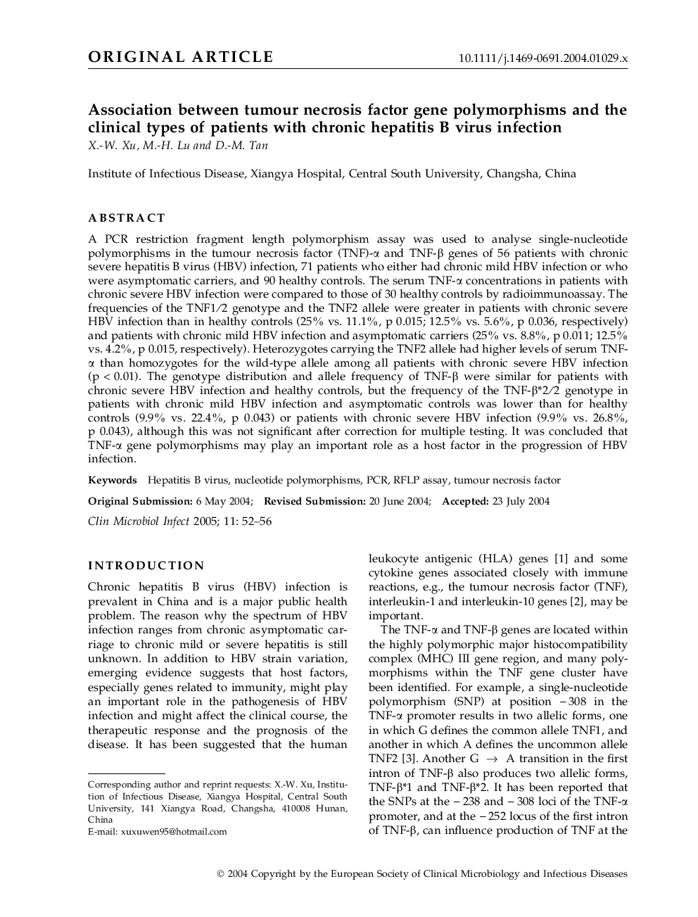 Association between tumour necrosis factor gene polymorphisms and the clinical types of patients with chronic hepatitis B virus infection