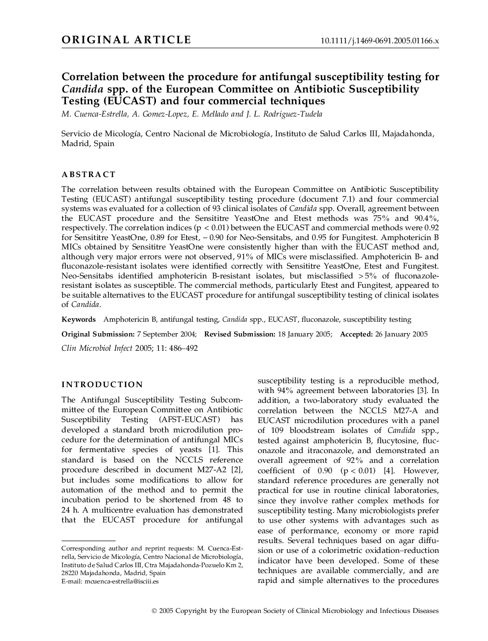 Correlation between the procedure for antifungal susceptibility testing for Candida spp. of the European Committee on Antibiotic Susceptibility Testing (EUCAST) and four commercial techniques