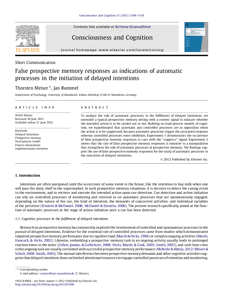 False prospective memory responses as indications of automatic processes in the initiation of delayed intentions