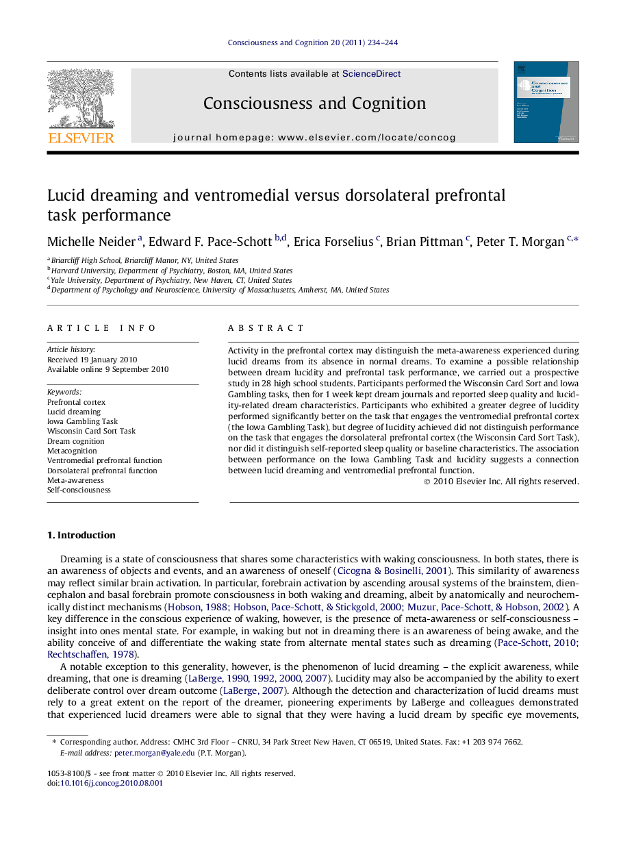 Lucid dreaming and ventromedial versus dorsolateral prefrontal task performance