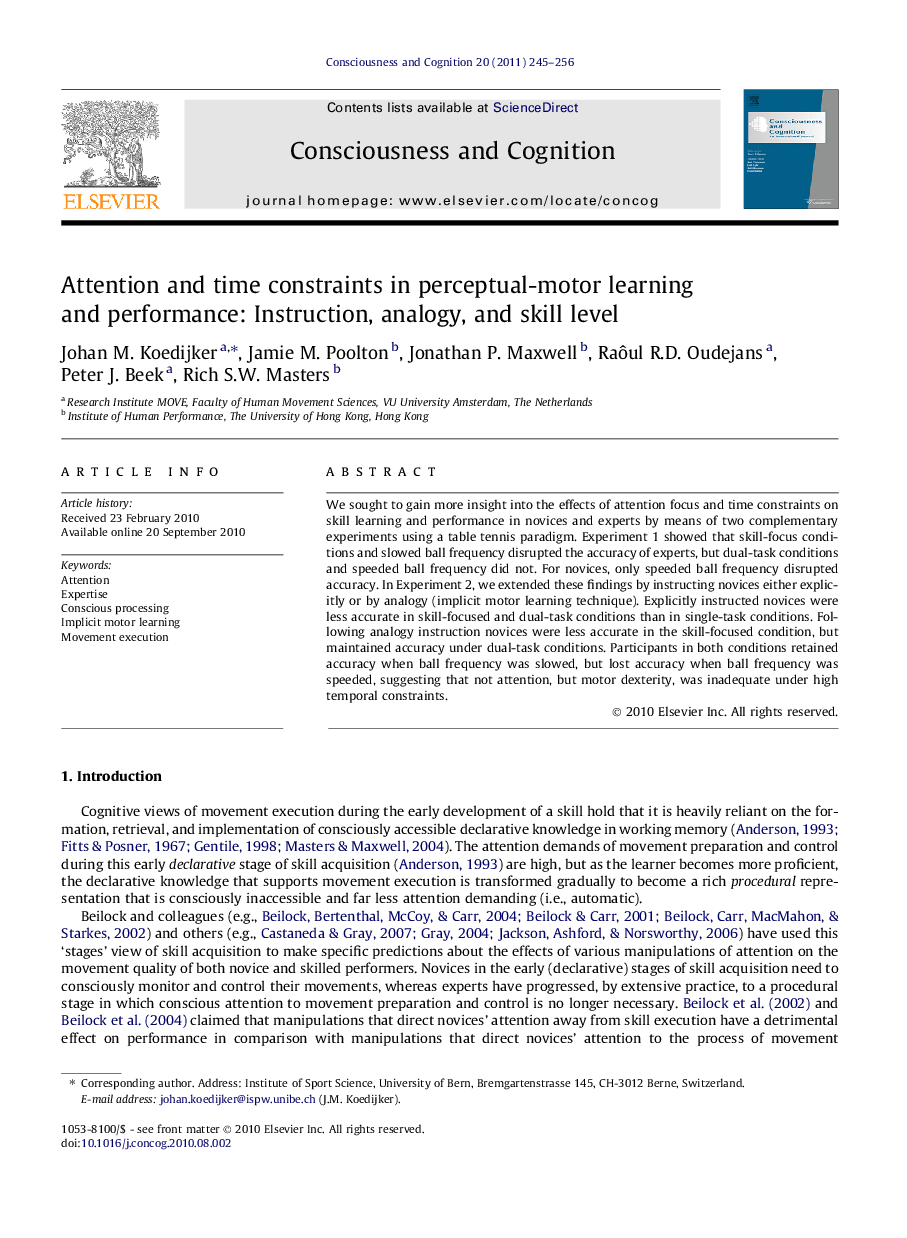 Attention and time constraints in perceptual-motor learning and performance: Instruction, analogy, and skill level