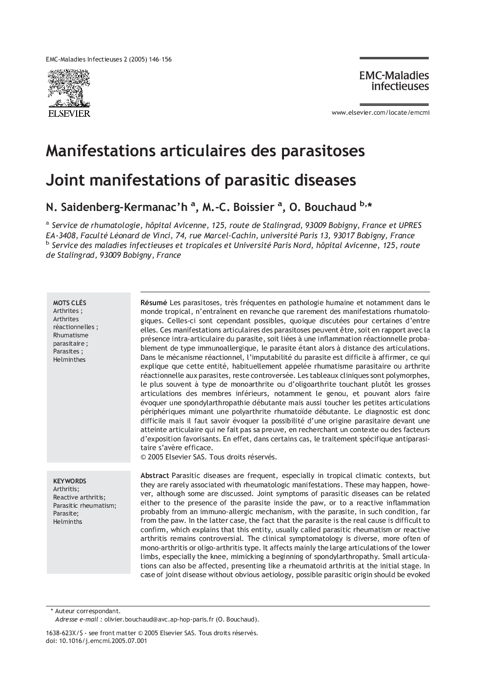 Manifestations articulaires des parasitoses