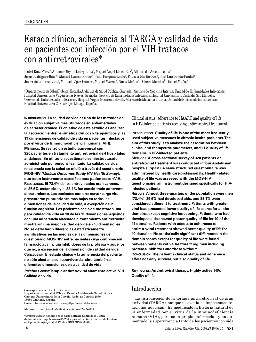 Estado clÃ­nico, adherencia al TARGA y calidad de vida en pacientes con infección por el VIH tratados con antirretrovirales