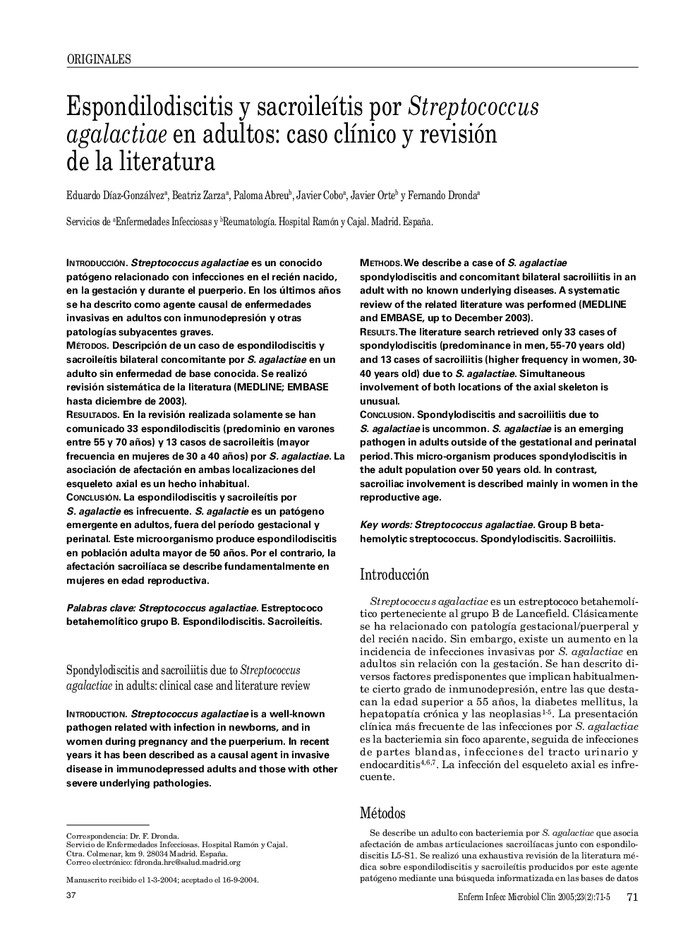 Espondilodiscitis y sacroileÃ­tis por Streptococcus agalactiae en adultos: caso clÃ­nico y revisión de la literatura