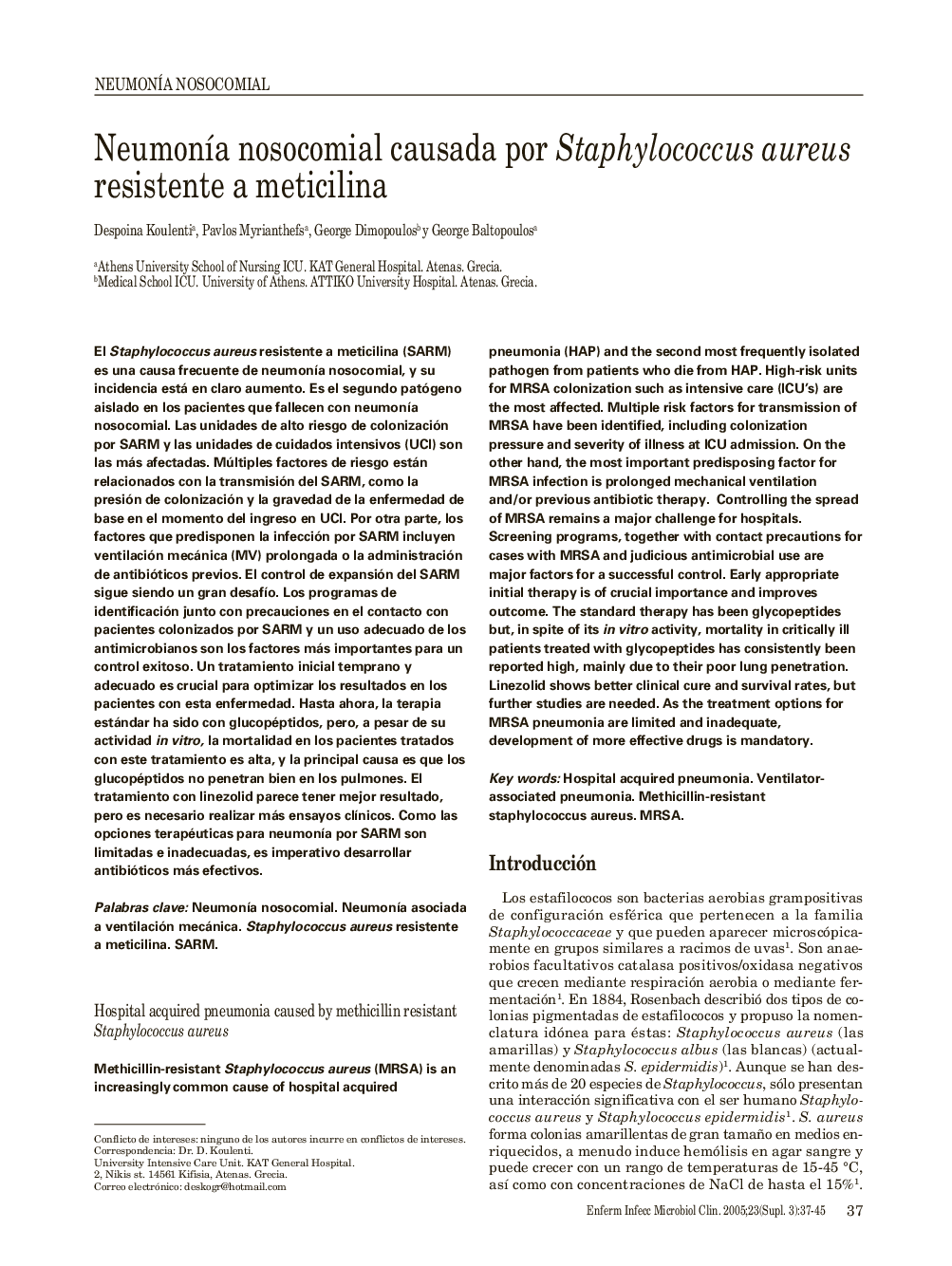 NeumonÃ­a nosocomial causada por Staphylococcus aureus resistente a meticilina