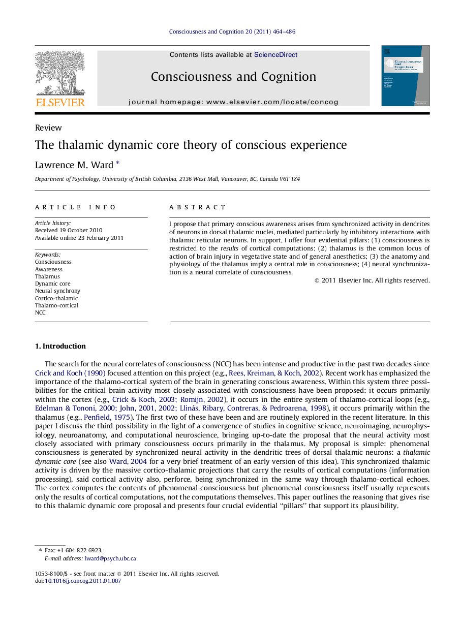 The thalamic dynamic core theory of conscious experience