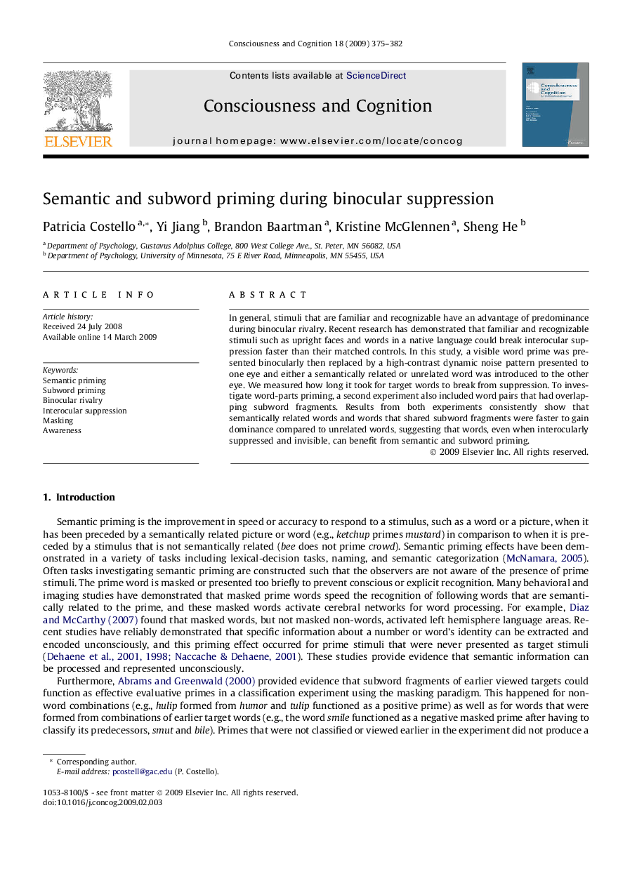 Semantic and subword priming during binocular suppression