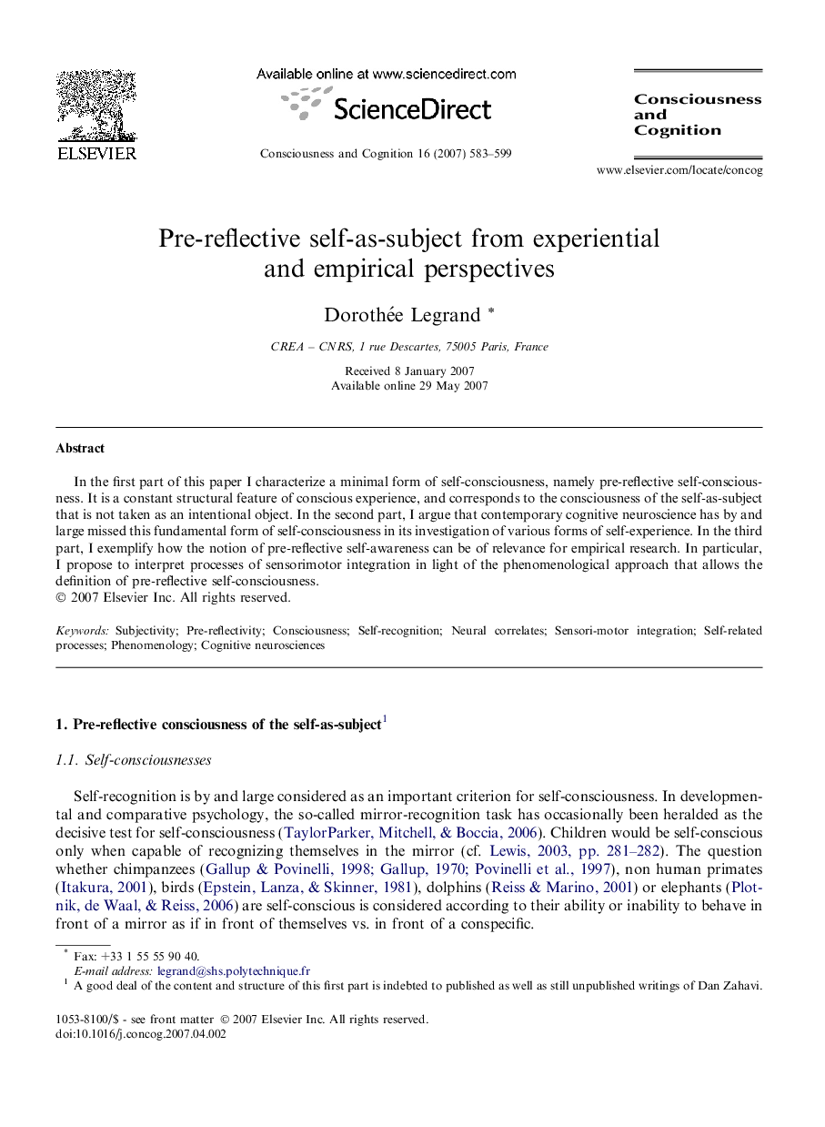 Pre-reflective self-as-subject from experiential and empirical perspectives