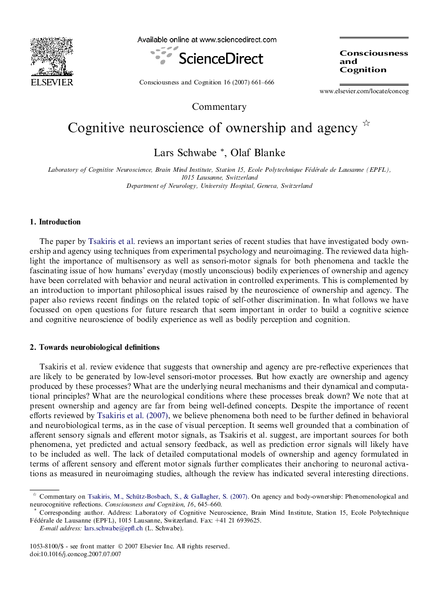 Cognitive neuroscience of ownership and agency