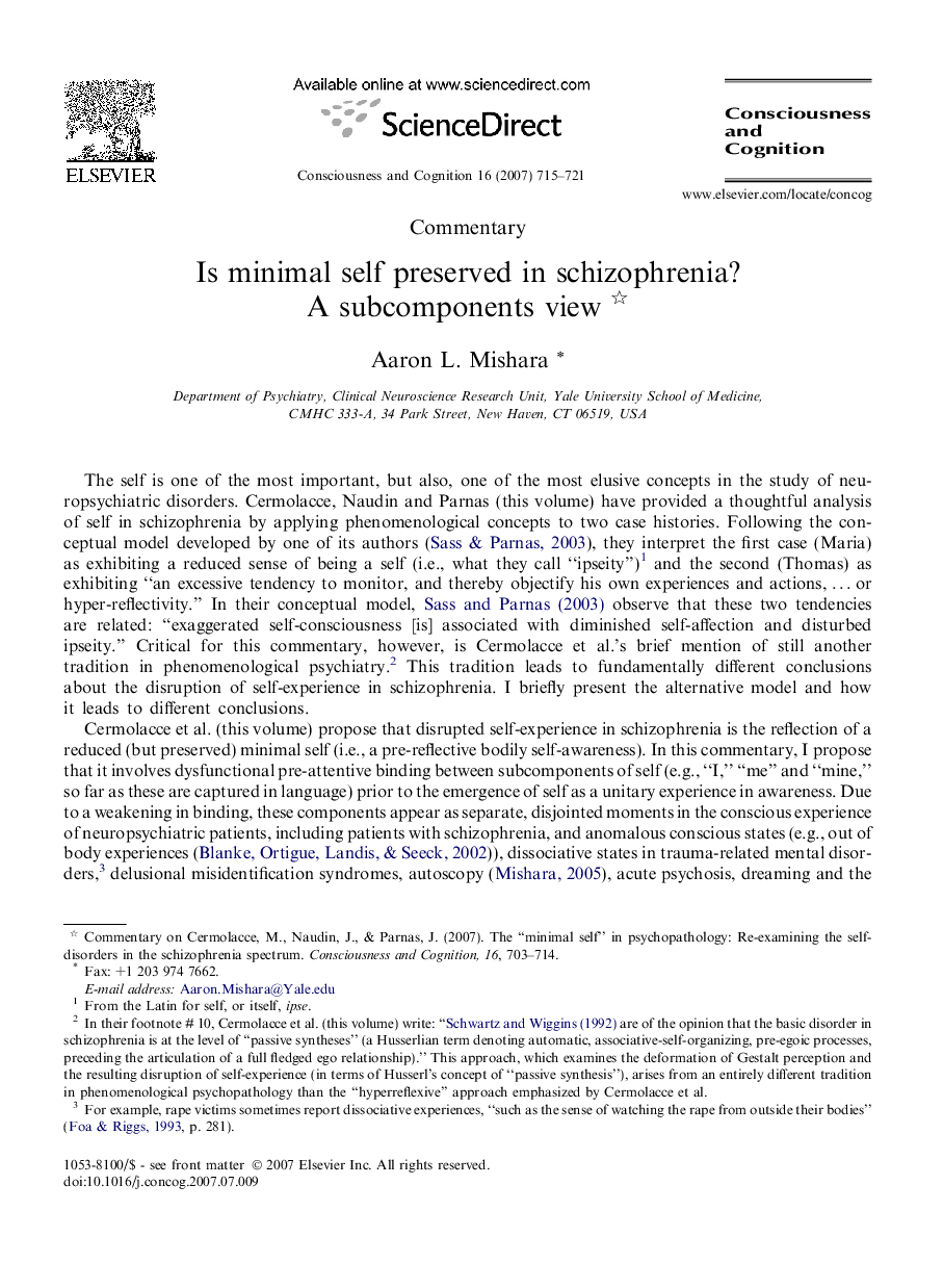 Is minimal self preserved in schizophrenia? A subcomponents view