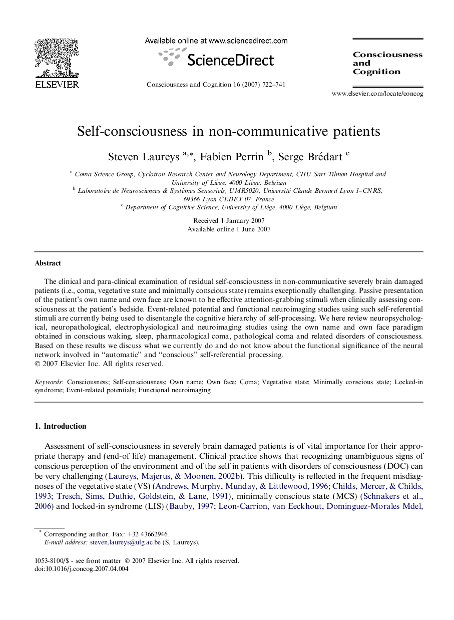 Self-consciousness in non-communicative patients