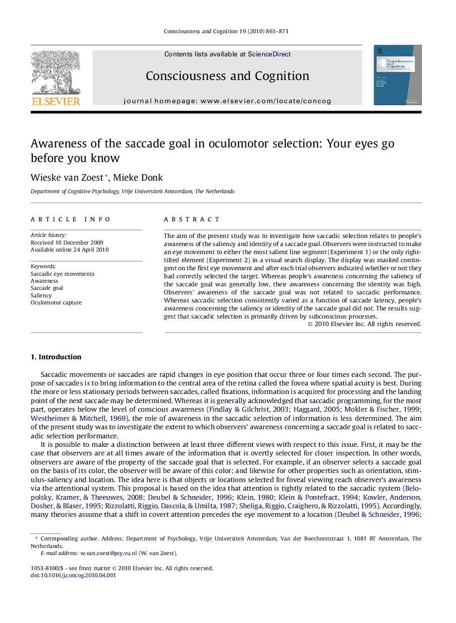 Awareness of the saccade goal in oculomotor selection: Your eyes go before you know