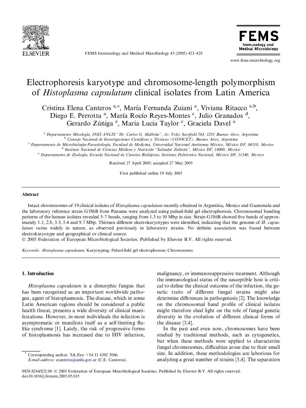 Electrophoresis karyotype and chromosome-length polymorphism of Histoplasma capsulatum clinical isolates from Latin America