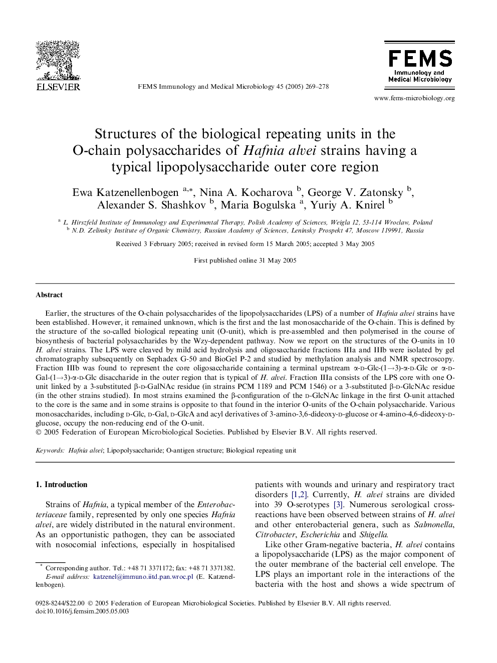 Structures of the biological repeating units in the O-chain polysaccharides of Hafnia alvei strains having a typical lipopolysaccharide outer core region