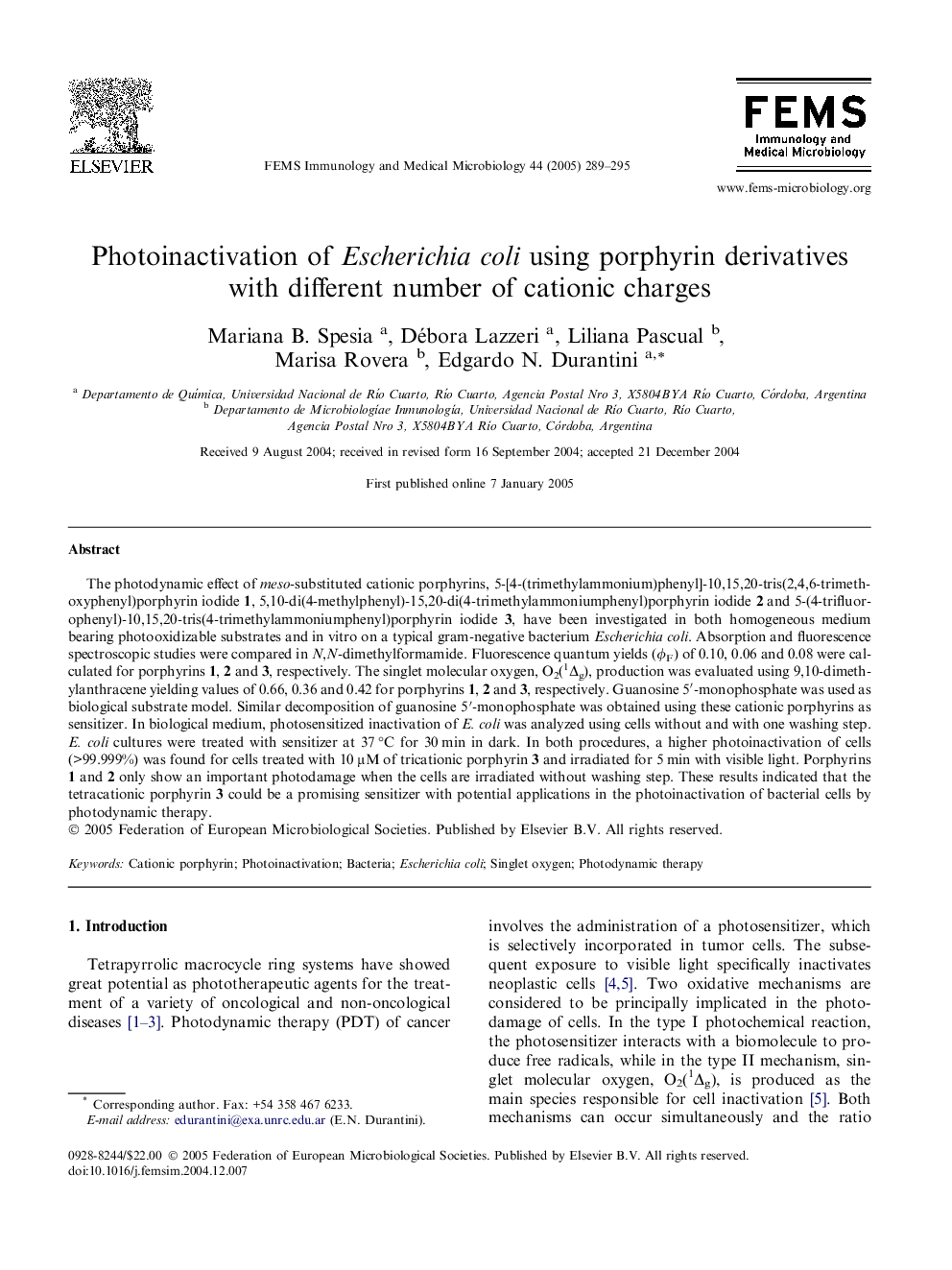 Photoinactivation of Escherichia coli using porphyrin derivatives with different number of cationic charges