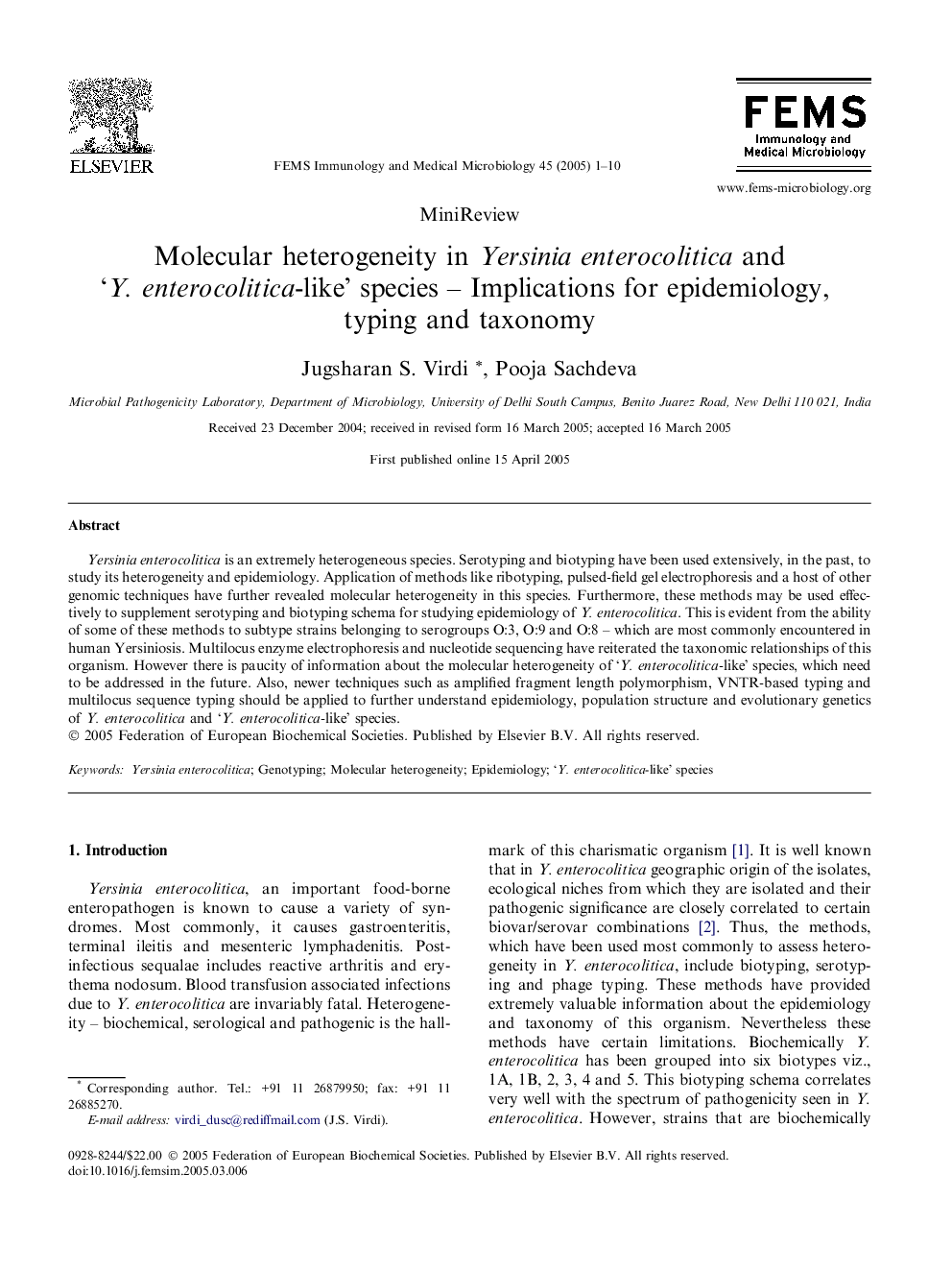 Molecular heterogeneity in Yersinia enterocolitica and 'Y. enterocolitica-like' species - Implications for epidemiology, typing and taxonomy