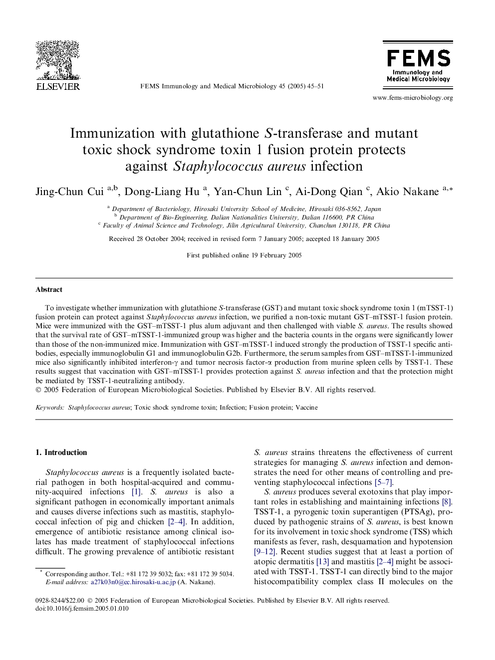 Immunization with glutathione S-transferase and mutant toxic shock syndrome toxin 1 fusion protein protects against Staphylococcus aureus infection