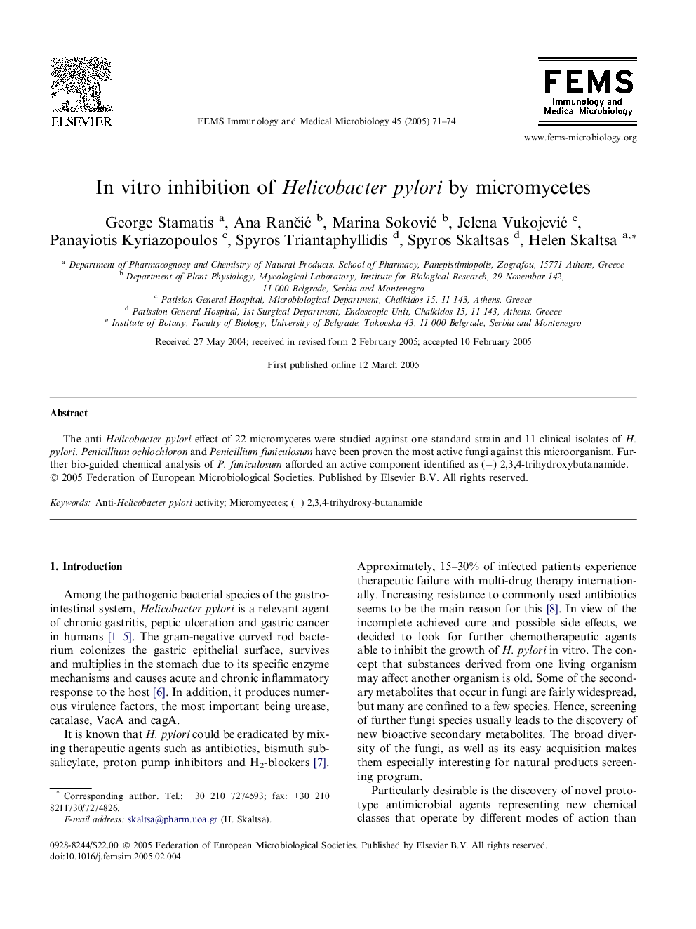 In vitro inhibition of Helicobacter pylori by micromycetes