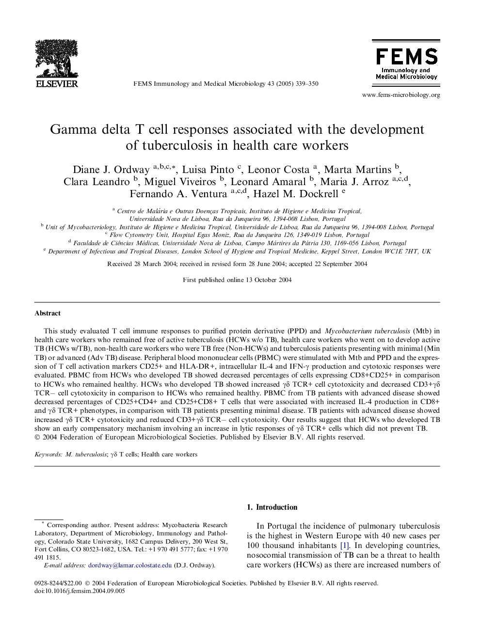 Gamma delta T cell responses associated with the development of tuberculosis in health care workers