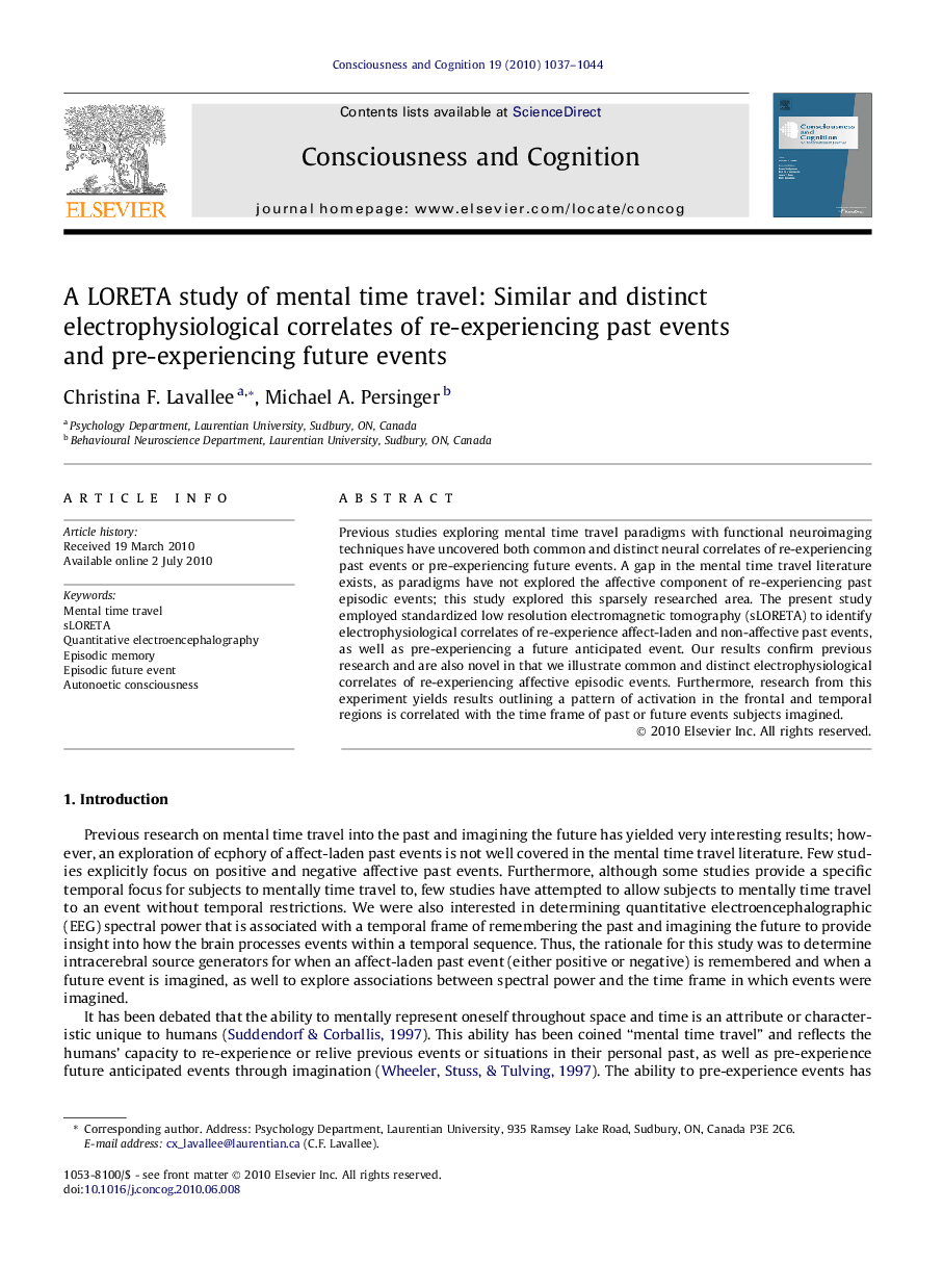 A LORETA study of mental time travel: Similar and distinct electrophysiological correlates of re-experiencing past events and pre-experiencing future events