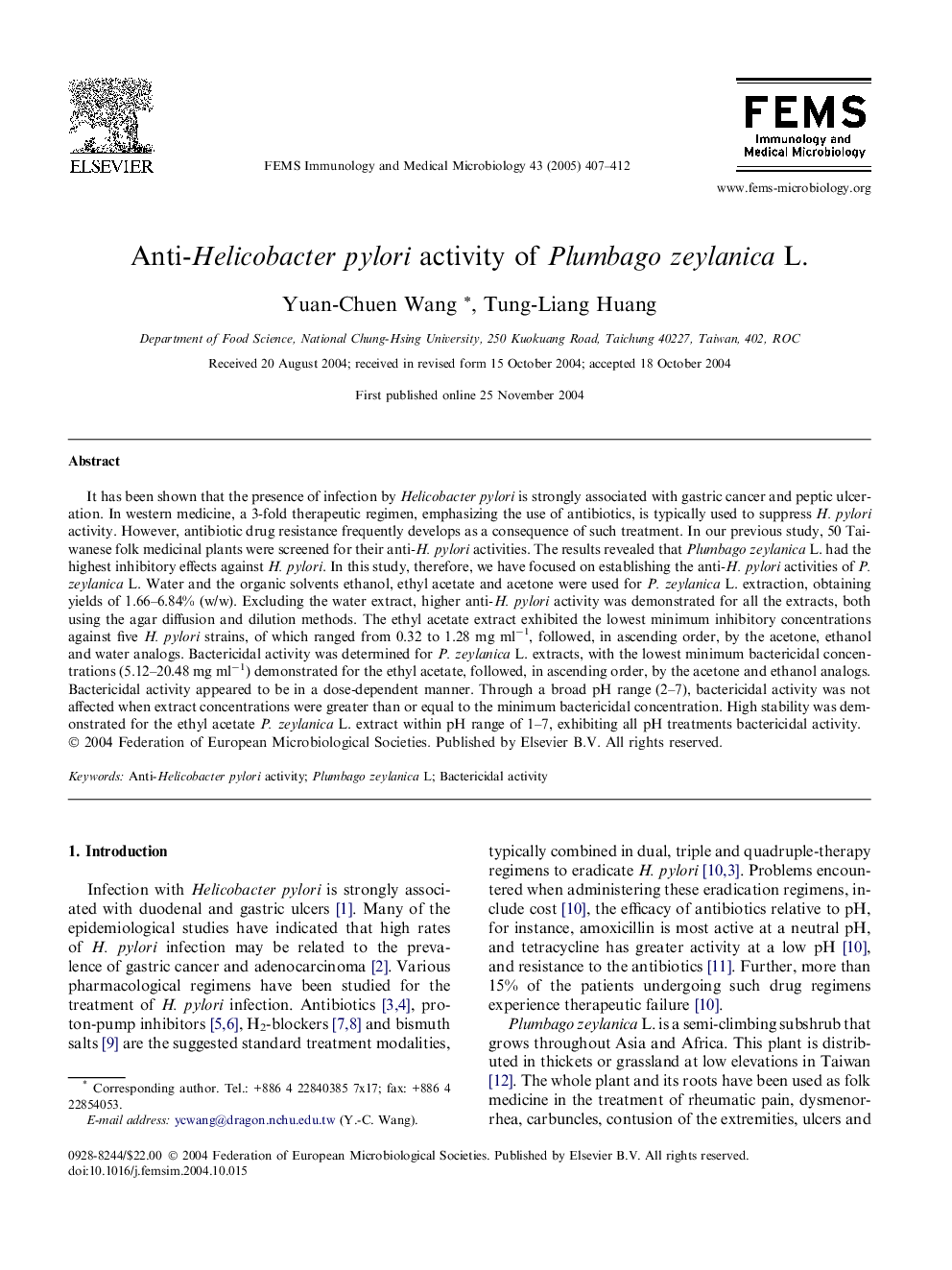 Anti-Helicobacter pylori activity of Plumbago zeylanica L.