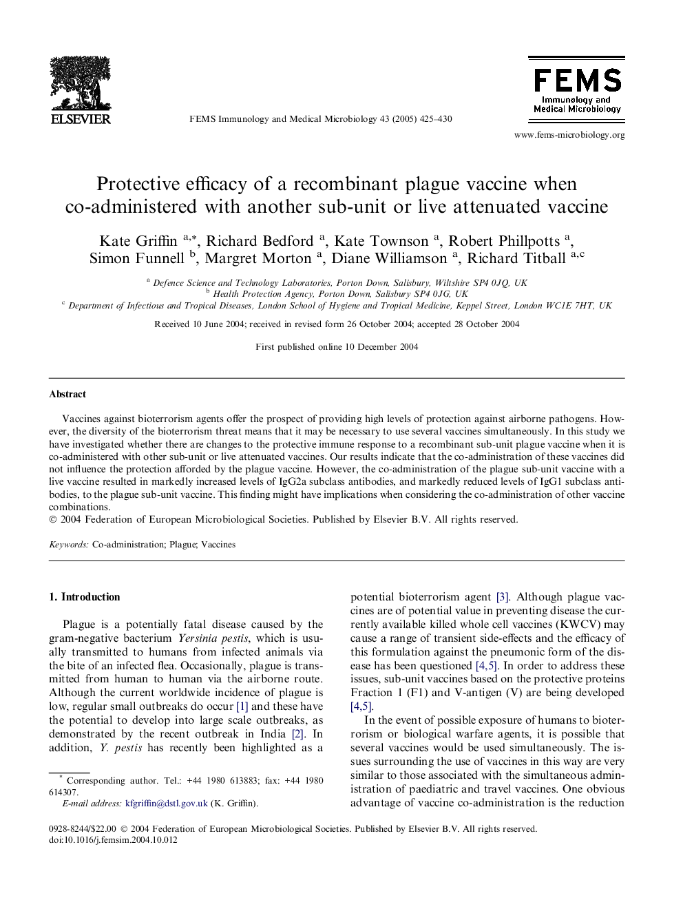 Protective efficacy of a recombinant plague vaccine when co-administered with another sub-unit or live attenuated vaccine