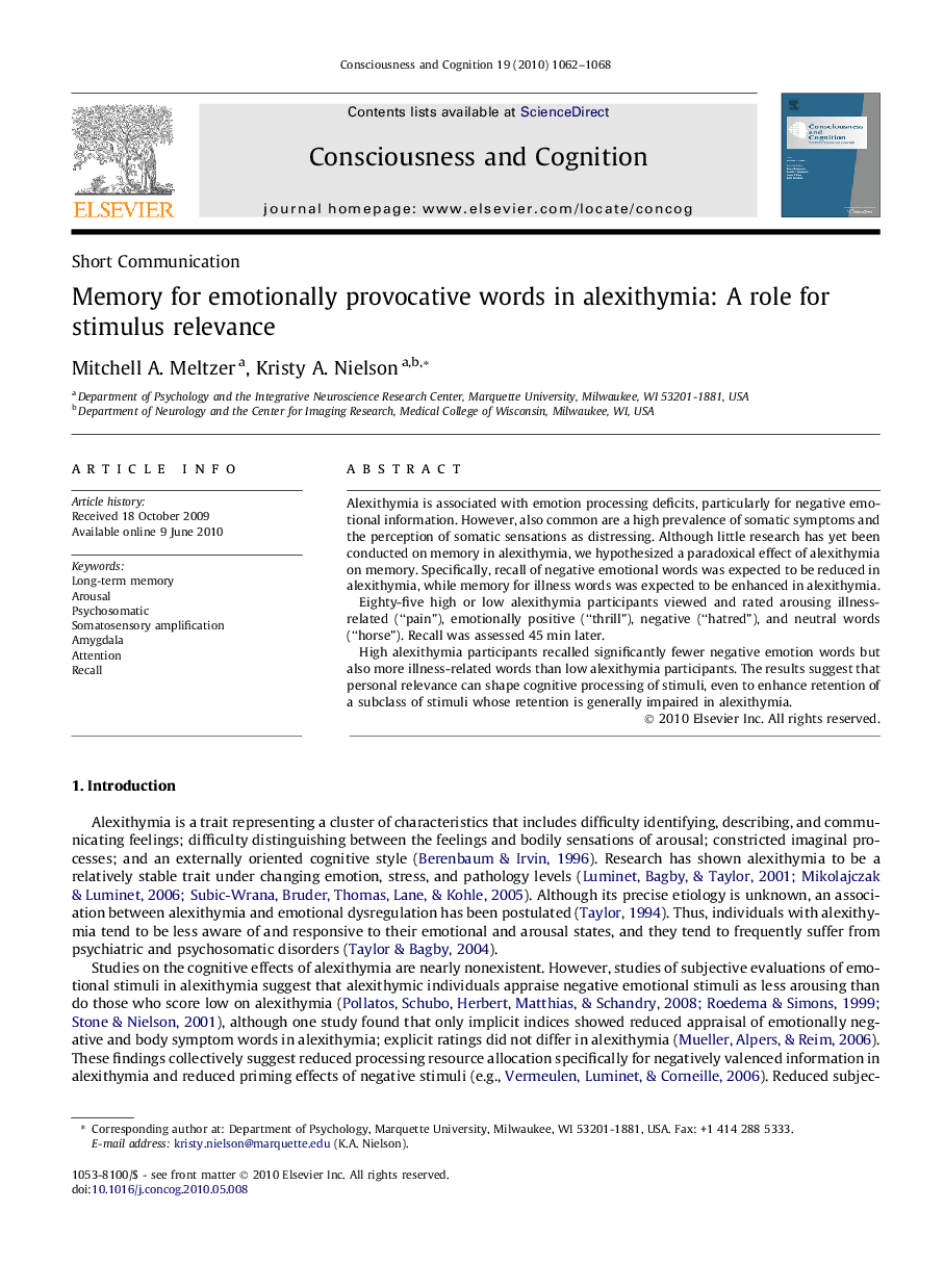 Memory for emotionally provocative words in alexithymia: A role for stimulus relevance