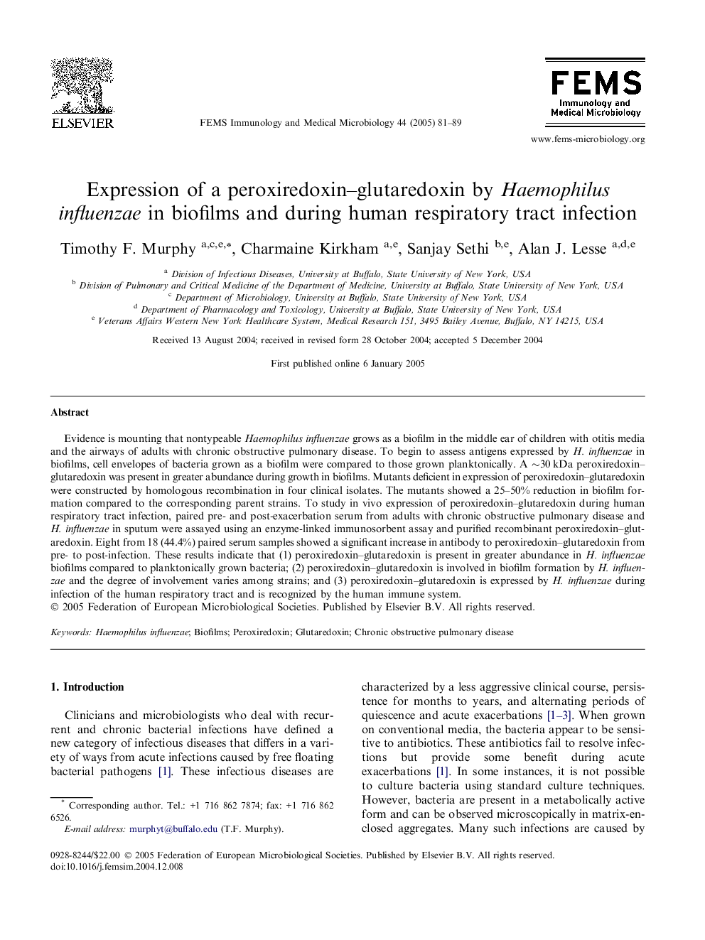 Expression of a peroxiredoxin-glutaredoxin by Haemophilus influenzae in biofilms and during human respiratory tract infection