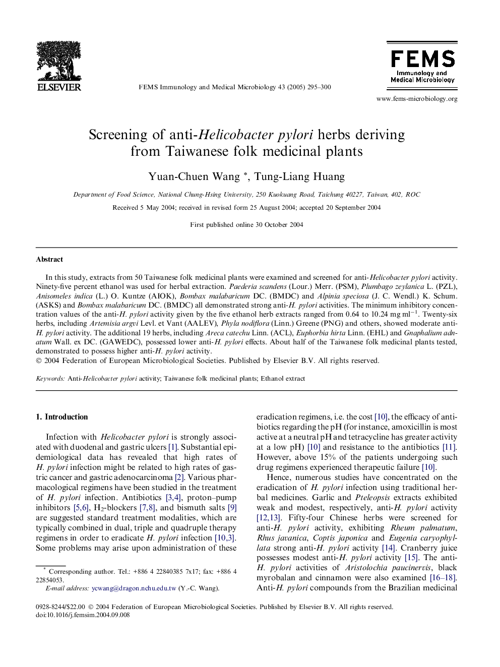 Screening of anti-Helicobacter pylori herbs deriving from Taiwanese folk medicinal plants