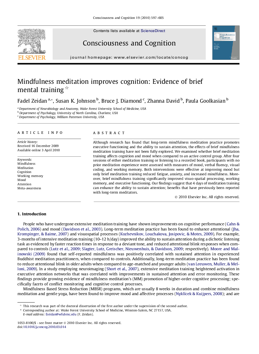Mindfulness meditation improves cognition: Evidence of brief mental training 