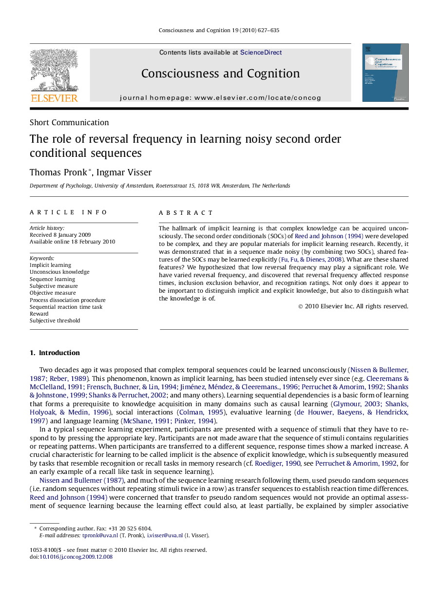 The role of reversal frequency in learning noisy second order conditional sequences