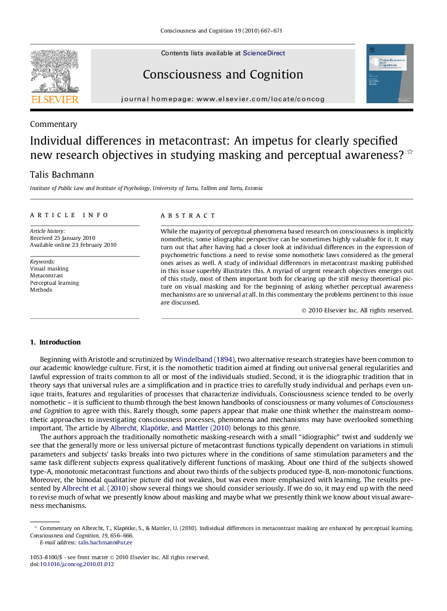 Individual differences in metacontrast: An impetus for clearly specified new research objectives in studying masking and perceptual awareness? 