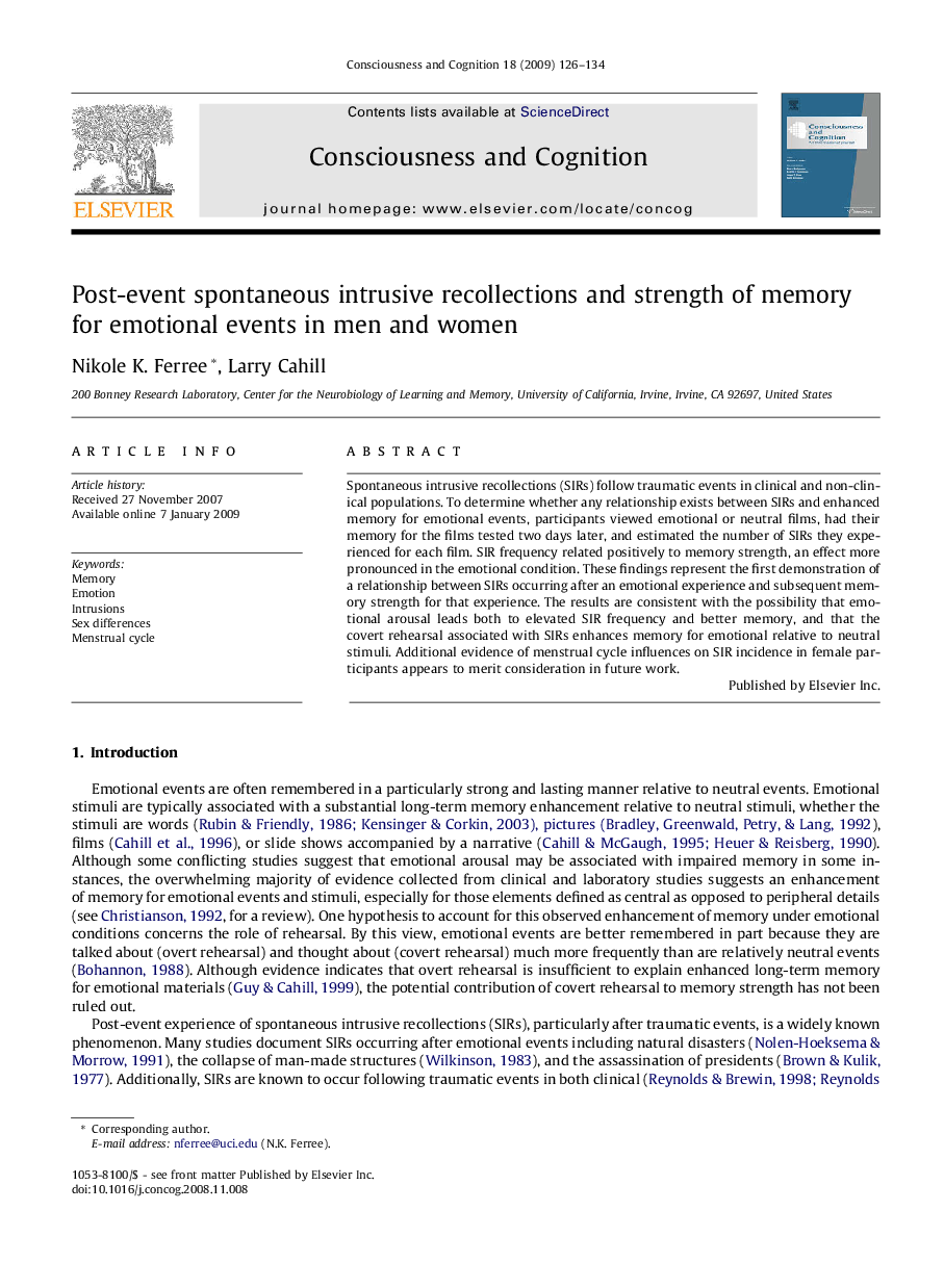 Post-event spontaneous intrusive recollections and strength of memory for emotional events in men and women