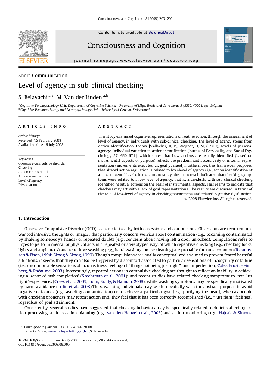 Level of agency in sub-clinical checking