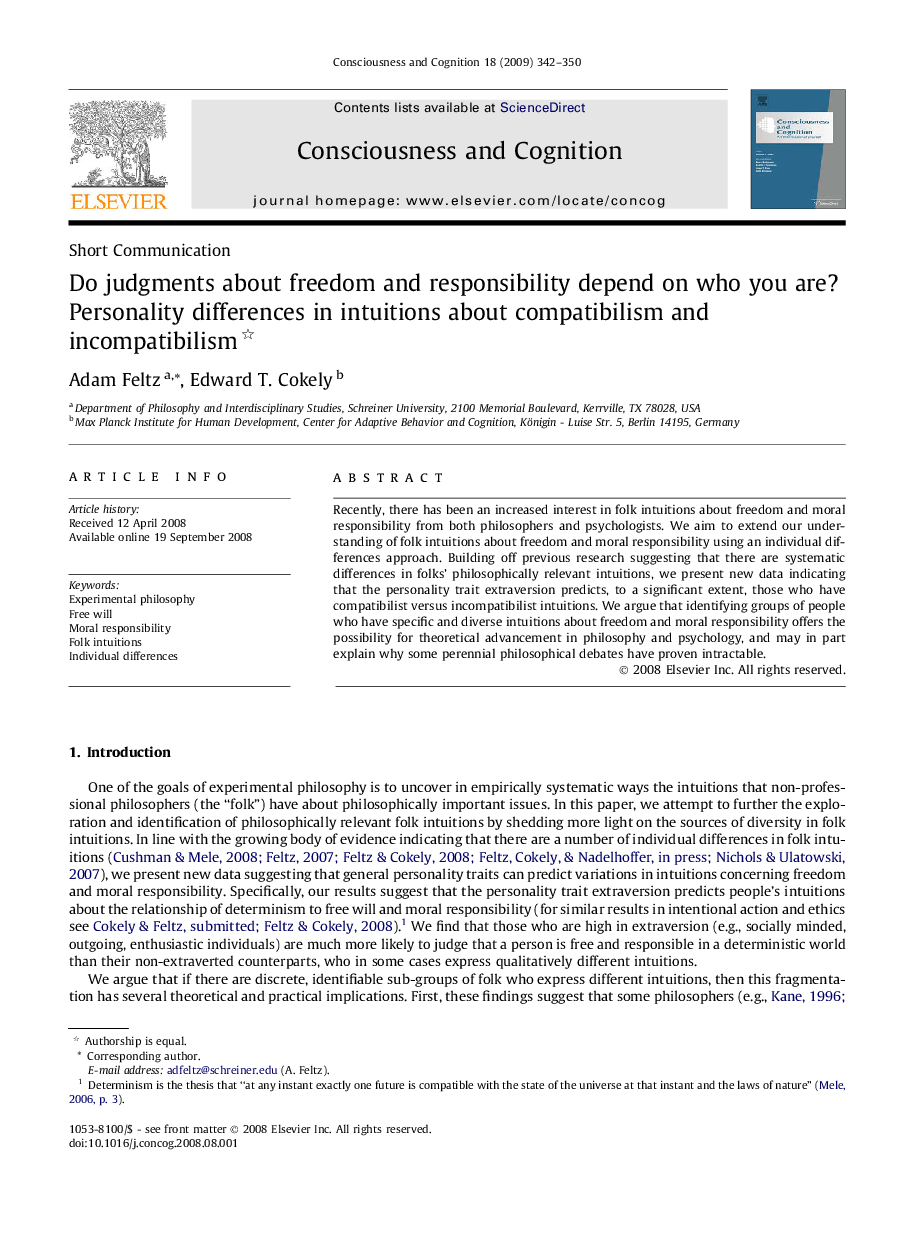 Do judgments about freedom and responsibility depend on who you are? Personality differences in intuitions about compatibilism and incompatibilism 