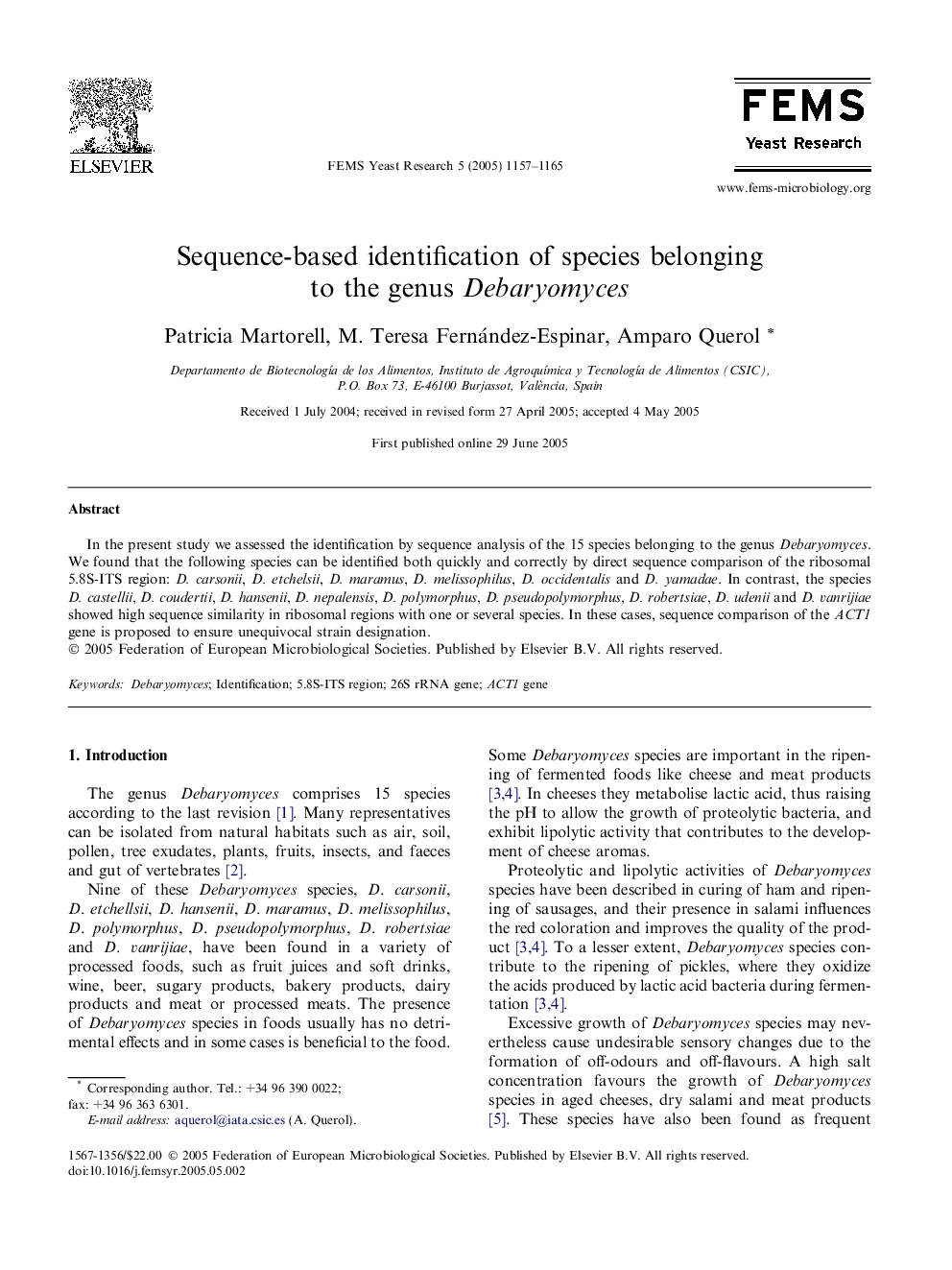 Sequence-based identification of species belonging to the genus Debaryomyces