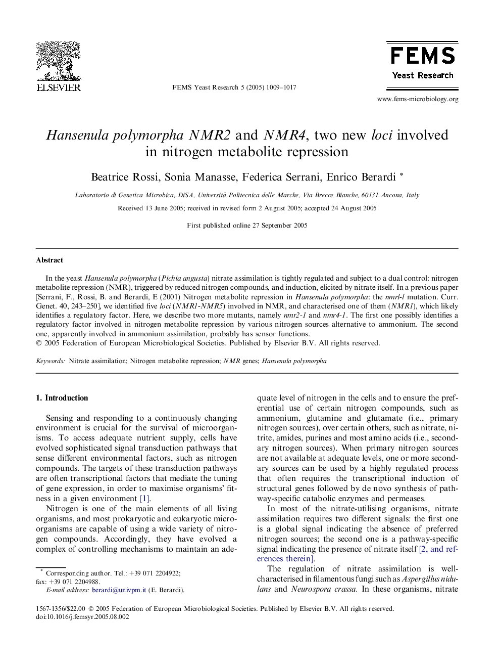 Hansenula polymorpha NMR2 and NMR4, two new loci involved in nitrogen metabolite repression