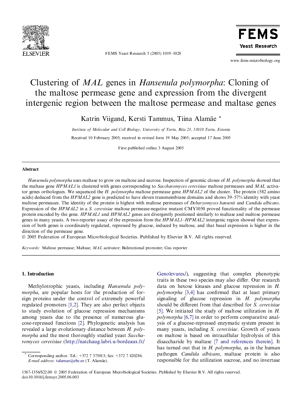 Clustering of MAL genes in Hansenula polymorpha: Cloning of the maltose permease gene and expression from the divergent intergenic region between the maltose permease and maltase genes