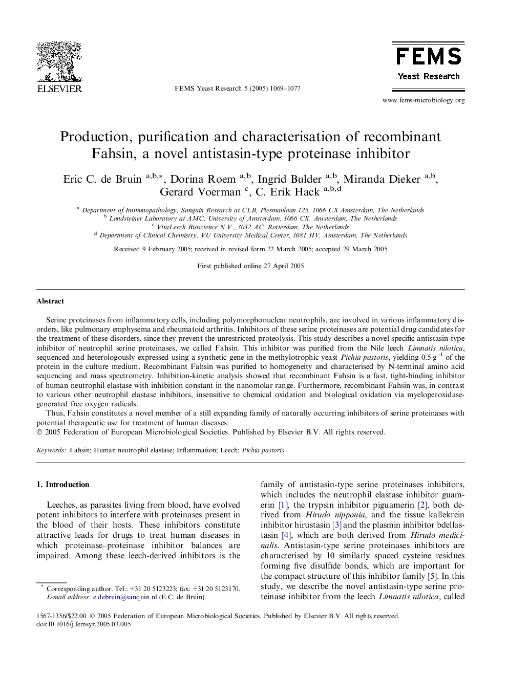 Production, purification and characterisation of recombinant Fahsin, a novel antistasin-type proteinase inhibitor